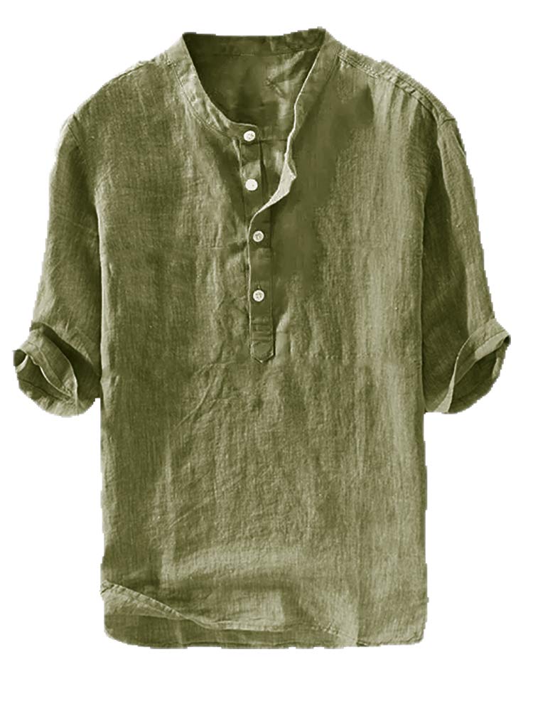 Ryannology Mens Linen Shirts Henley 3/4 Sleeve Casual Cotton T-Shirt Regular-Fit Lightweight Beach Yoga Tunic Tops - Image 1